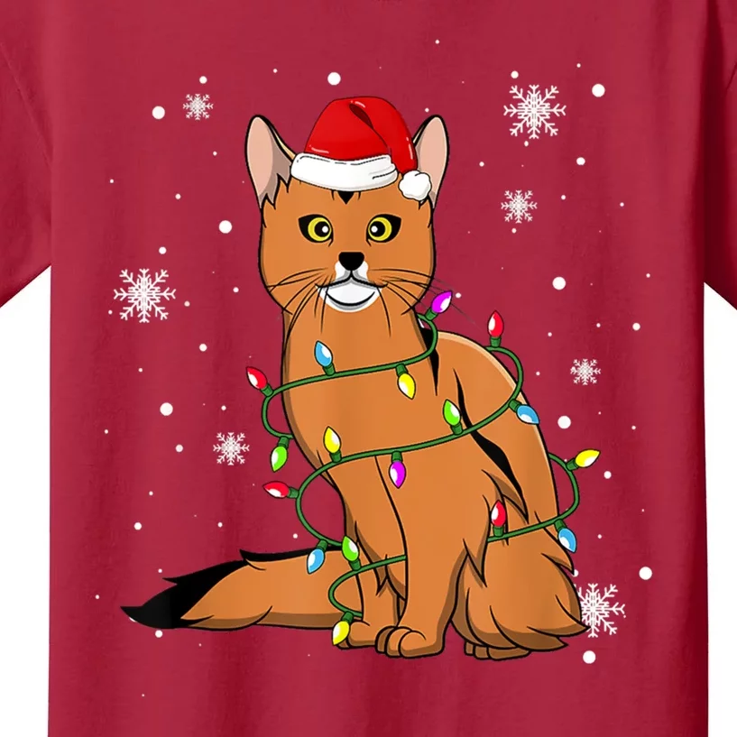 Somali Cat Christmas Lights Christmas Cat Santa Hat Kids T-Shirt