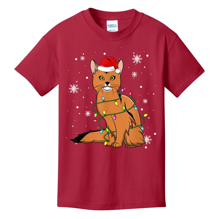 Somali Cat Christmas Lights Christmas Cat Santa Hat Kids T-Shirt