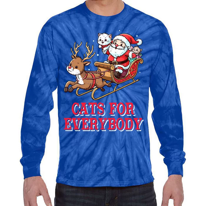 Santa Christmas Cats For Everybody Reindeer Cart Xmas Pajama Gift Tie-Dye Long Sleeve Shirt