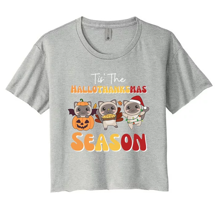 Siamese Cat Christmas Halloween Tis The Hallothanksmas Gift Women's Crop Top Tee