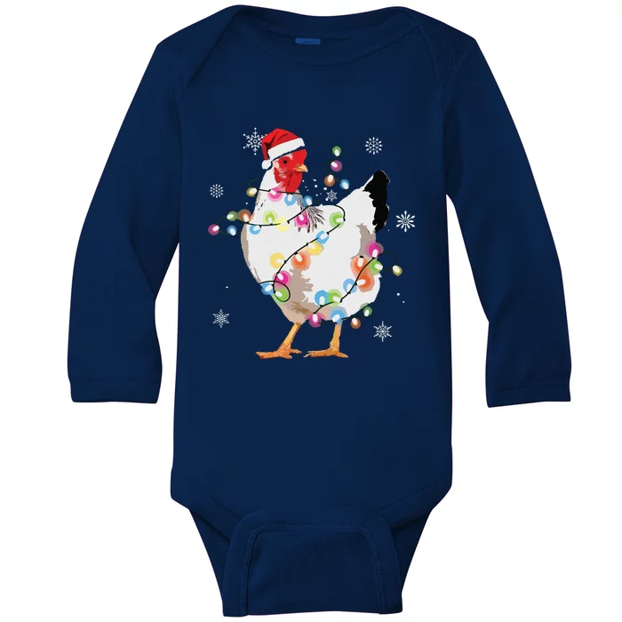 Santa Chicken Christmas Lights Farmer Xmas Chicken Lover Baby Long Sleeve Bodysuit