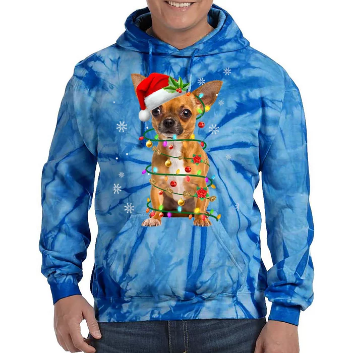 Santa Chihuahua Christmas Tree Light Pajama Xmas Dog Lovers Gift Tie Dye Hoodie