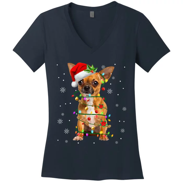 Santa Chihuahua Christmas Lights Xmas Dog Lover Women's V-Neck T-Shirt