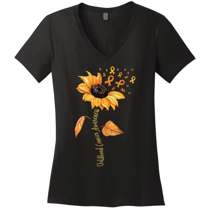 Support Childhood Cancer Awareness Sunflower Gold Ribbon Women's V-Neck T-Shirt