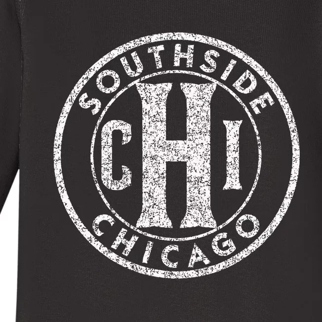 Southside Chicago Chi Circle Sign Distressed Print Baby Long Sleeve Bodysuit