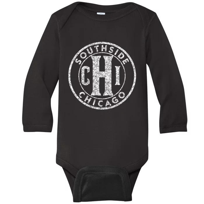 Southside Chicago Chi Circle Sign Distressed Print Baby Long Sleeve Bodysuit