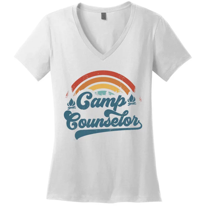 Summer Camp Counselor Staff Groovy Rainbow Camp Counselor Women's V-Neck T-Shirt