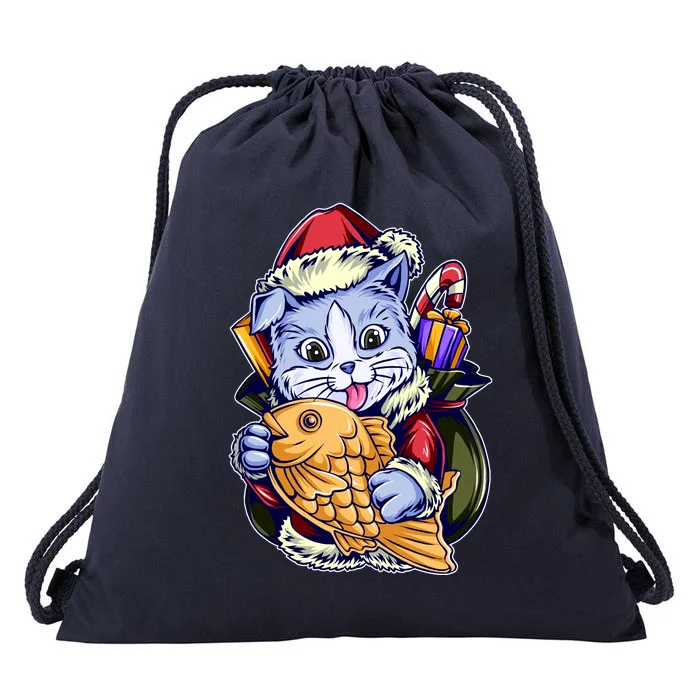 Santa Claus Christmas Cat Bringing Goldfish Drawstring Bag