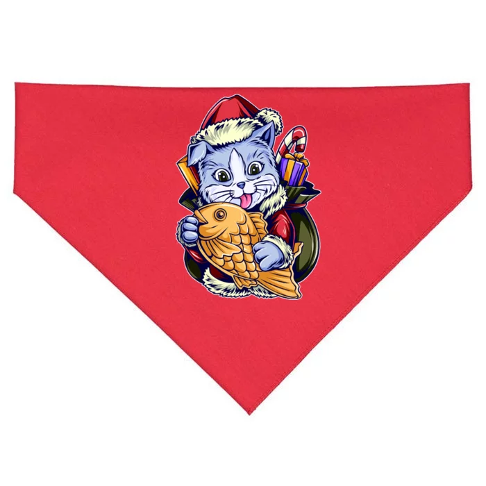 Santa Claus Christmas Cat Bringing Goldfish USA-Made Doggie Bandana