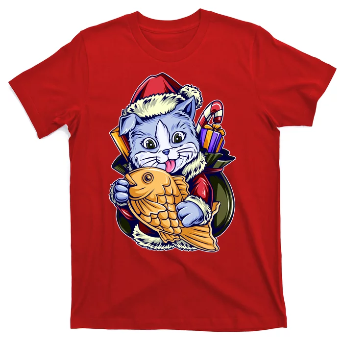 Santa Claus Christmas Cat Bringing Goldfish T-Shirt