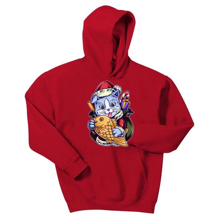 Santa Claus Christmas Cat Bringing Goldfish Kids Hoodie