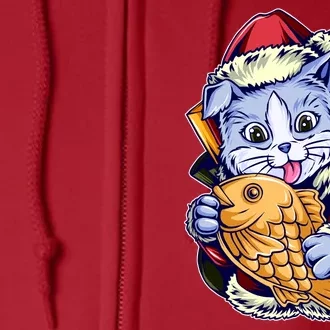 Santa Claus Christmas Cat Bringing Goldfish Full Zip Hoodie