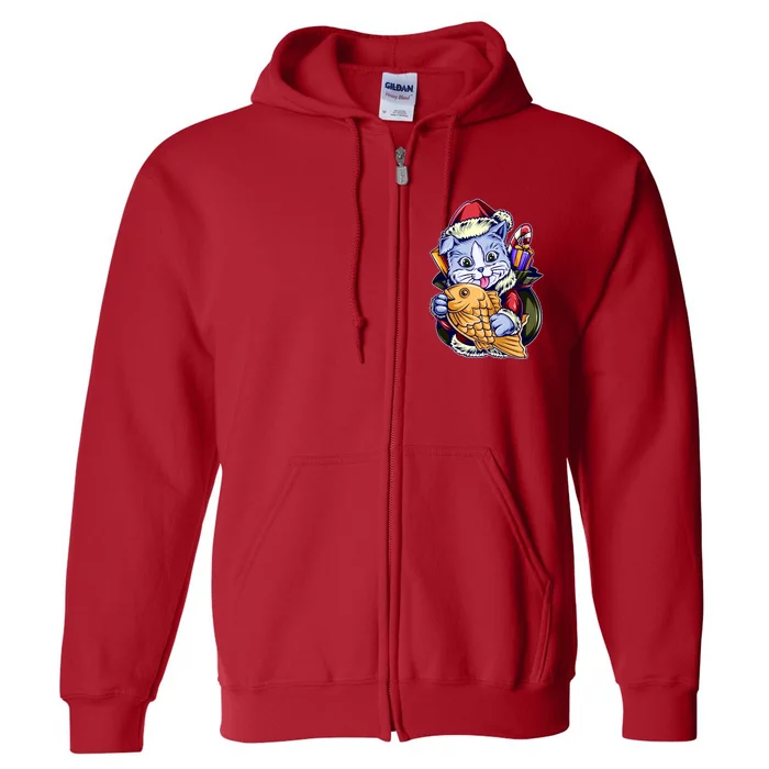 Santa Claus Christmas Cat Bringing Goldfish Full Zip Hoodie