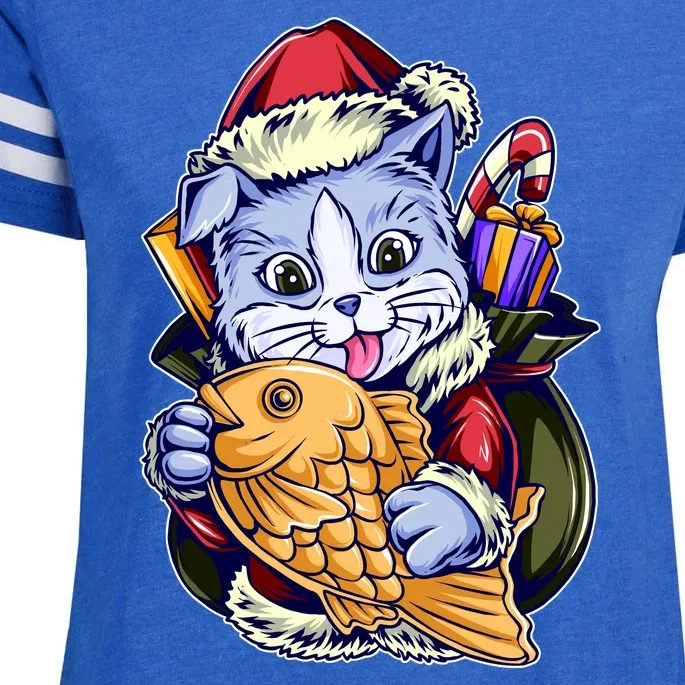 Santa Claus Christmas Cat Bringing Goldfish Enza Ladies Jersey Football T-Shirt