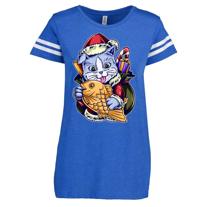 Santa Claus Christmas Cat Bringing Goldfish Enza Ladies Jersey Football T-Shirt