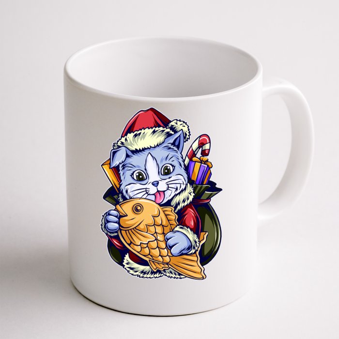 Santa Claus Christmas Cat Bringing Goldfish Front & Back Coffee Mug