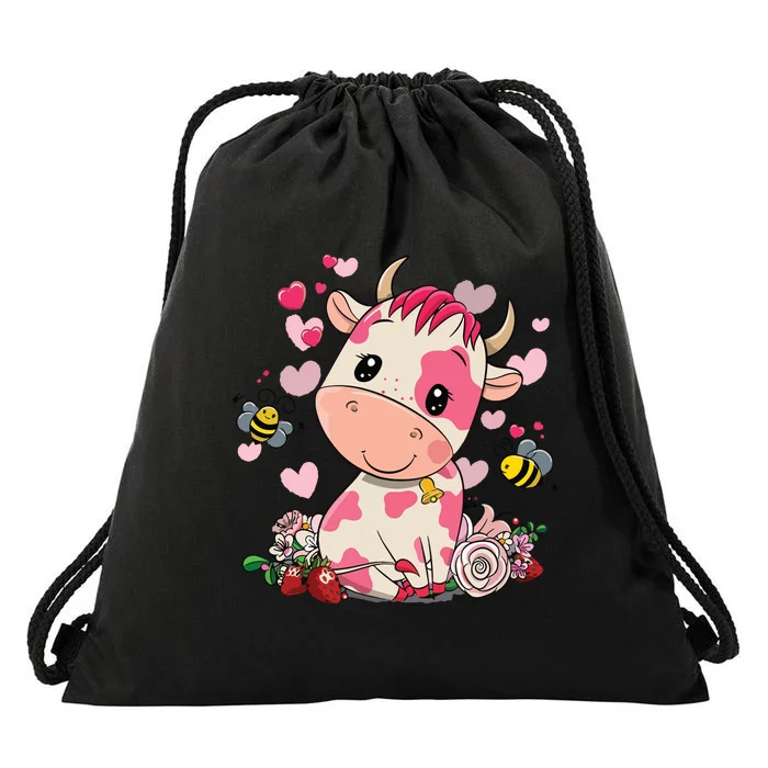 Strawberry Cow Cute Cow Pink Cow Pet Drawstring Bag