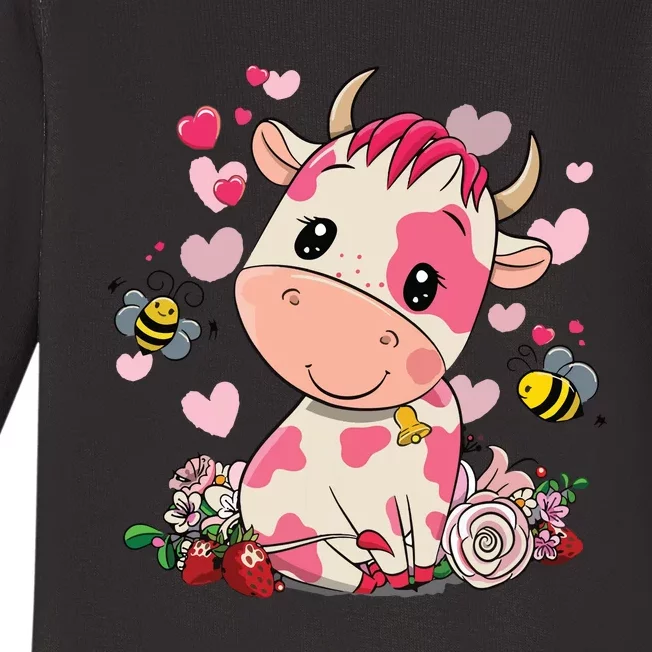 Strawberry Cow Cute Cow Pink Cow Pet Baby Long Sleeve Bodysuit