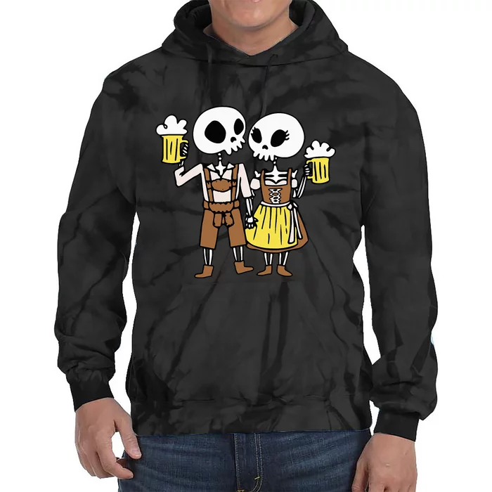 Skeleton Couple Cheering Beer Oktoberfest Halloween Tie Dye Hoodie