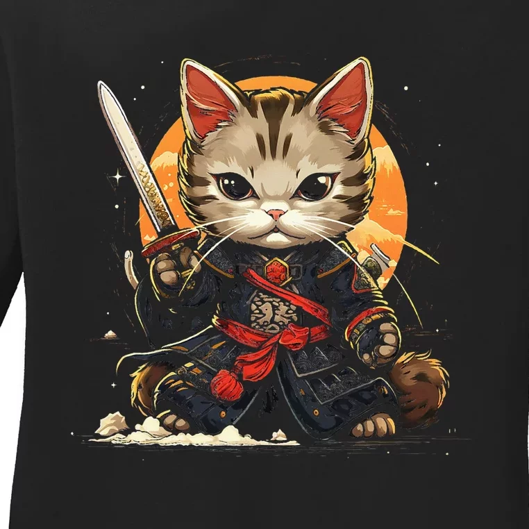 Samurai Cat cute Ladies Long Sleeve Shirt