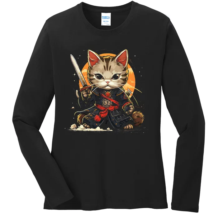 Samurai Cat cute Ladies Long Sleeve Shirt