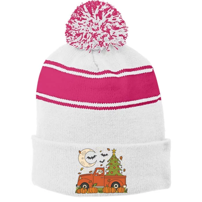 Santa Claus Christmas Holiday Truck Stripe Pom Pom Beanie