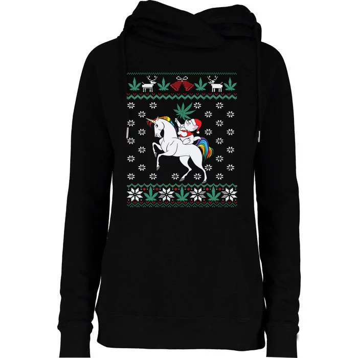 Santa Cat Christmas Unicorn Marijuana Cannabis Gift Womens Funnel Neck Pullover Hood