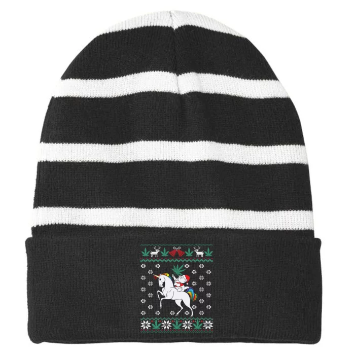 Santa Cat Christmas Unicorn Marijuana Cannabis Gift Striped Beanie with Solid Band