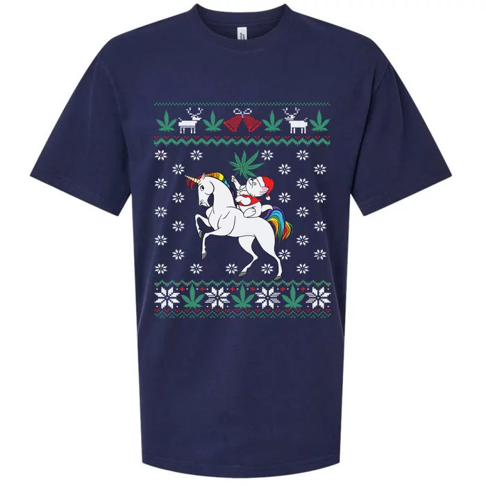 Santa Cat Christmas Unicorn Marijuana Cannabis Gift Sueded Cloud Jersey T-Shirt