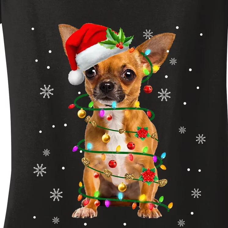 Santa Chihuahua Christmas Lights Xmas Dog Lover Women Women's V-Neck T-Shirt