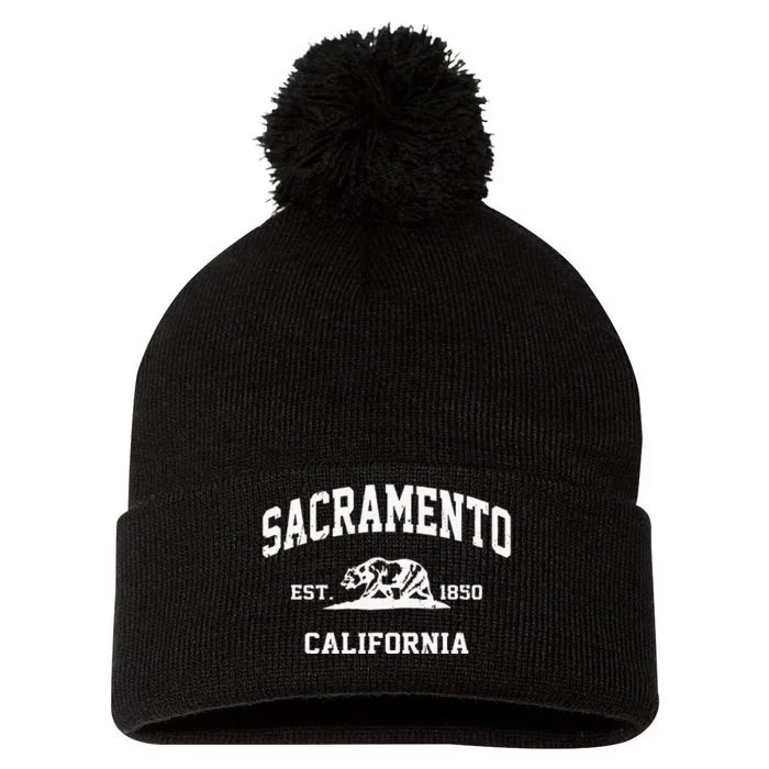 Sacramento California CA Vintage State Athletic Style Pom Pom 12in Knit Beanie