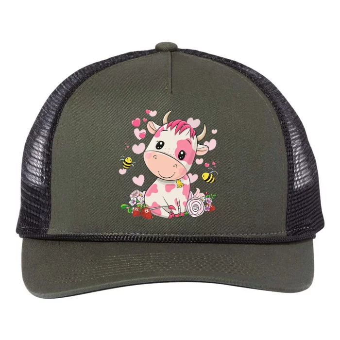 Strawberry Cow Cute Cow Pink Cow Pet Retro Rope Trucker Hat Cap