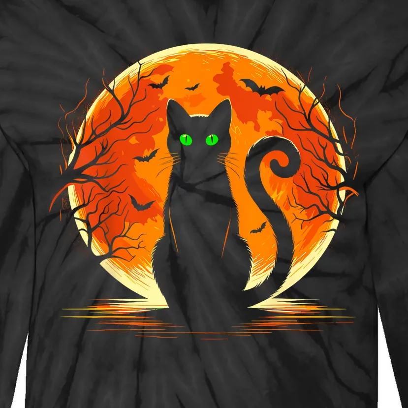 Scary Cat Costume Retro Moon Cat Tie-Dye Long Sleeve Shirt