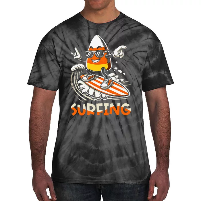 Surfing Candy Corn Funny Halloween Tie-Dye T-Shirt