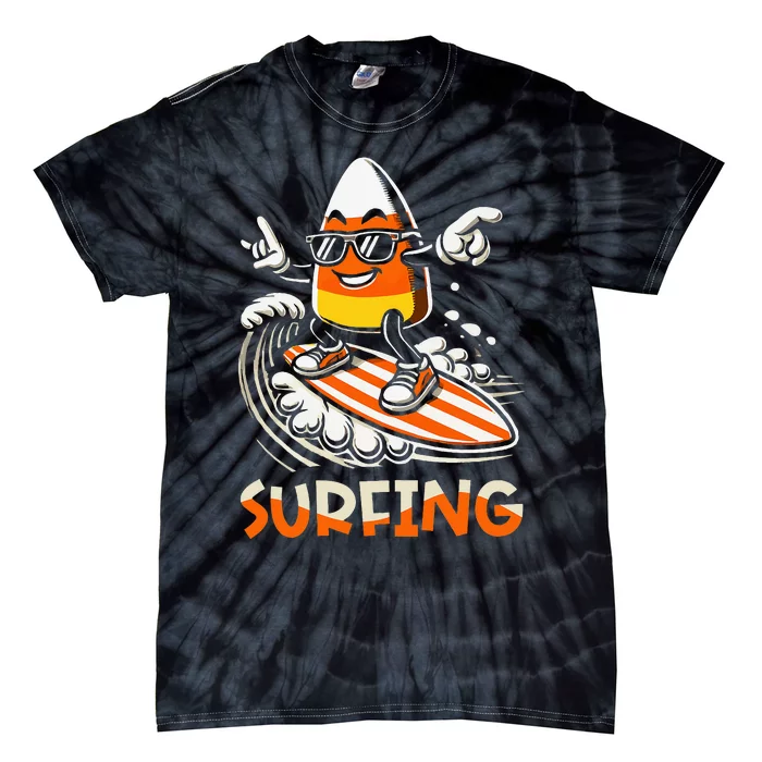 Surfing Candy Corn Funny Halloween Tie-Dye T-Shirt