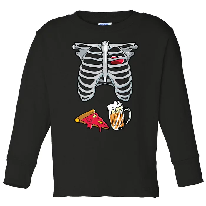 Skeleton Costume Dad Halloween Beer Pizza Funny Matching Toddler Long Sleeve Shirt