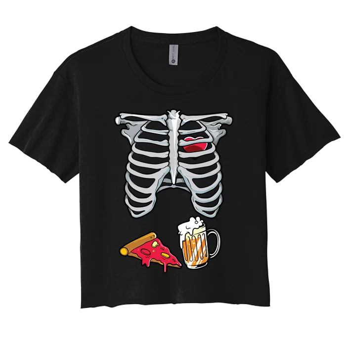 Skeleton Costume Dad Halloween Beer Pizza Funny Matching Women's Crop Top Tee