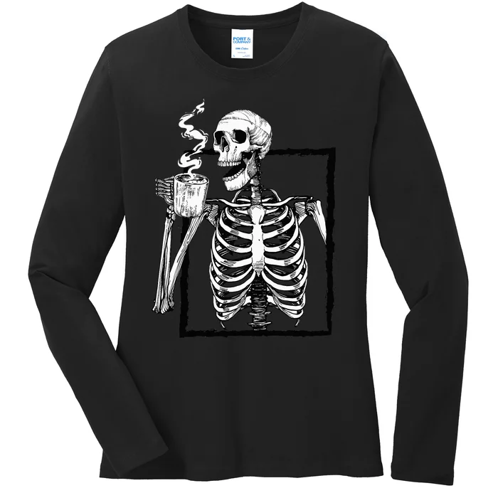 Spooky Coffee Enthusiast Hilarious Halloween Skull Design Ladies Long Sleeve Shirt