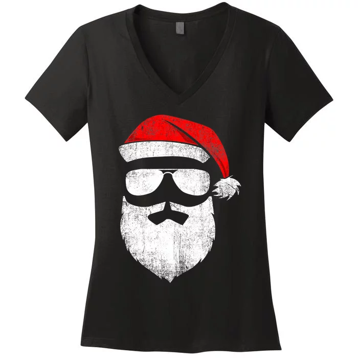 Santa Claus Face Sunglasses With Hat Beard Christmas Women's V-Neck T-Shirt