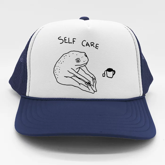 Self Care Frog Drinking Tea Funny Frog Trucker Hat