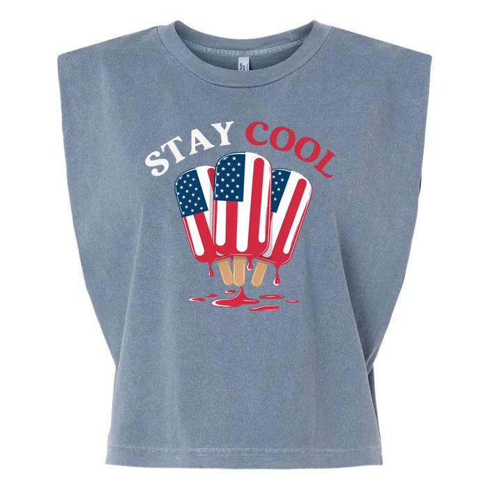 Stay Cool Funny 4th July Popsicle Usa Flag America Enjoy Ice Cream In The Summer Garment-Dyed Women's Muscle Tee