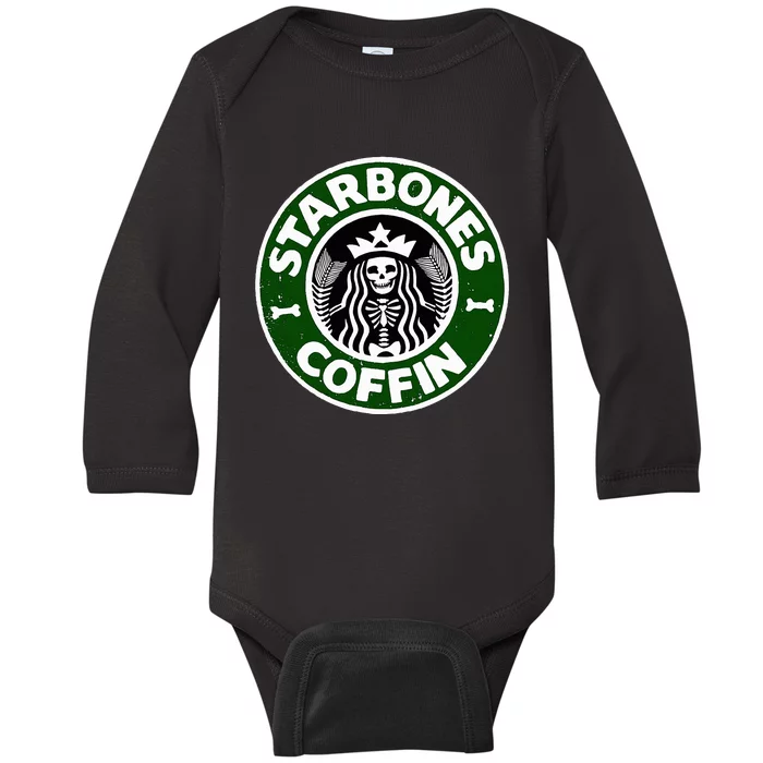 Starbones Coffin Funny Horror Coffee Baby Long Sleeve Bodysuit