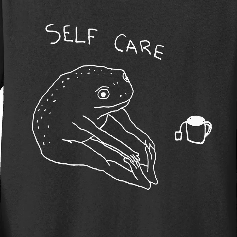 Self Care Frog Drinking Tea Yoga Kids Long Sleeve Shirt