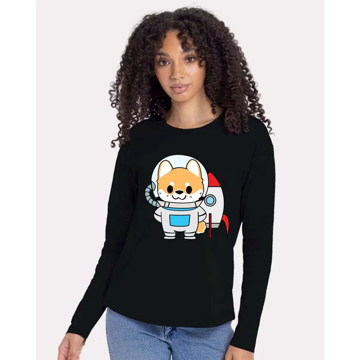 Shiba Cute Fox Rocket Ship Cartoon Womens Cotton Relaxed Long Sleeve T-Shirt