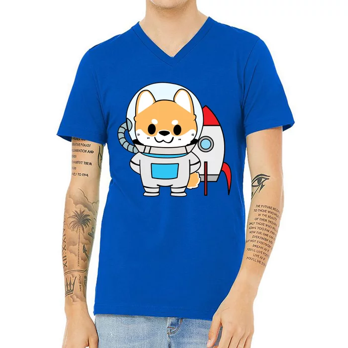 Shiba Cute Fox Rocket Ship Cartoon V-Neck T-Shirt