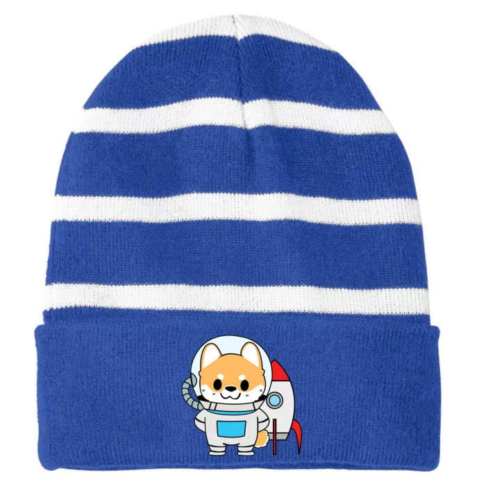 Shiba Cute Fox Rocket Ship Cartoon Striped Beanie with Solid Band