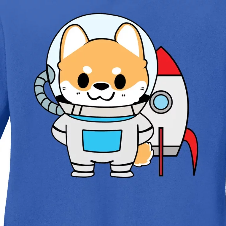 Shiba Cute Fox Rocket Ship Cartoon Ladies Long Sleeve Shirt