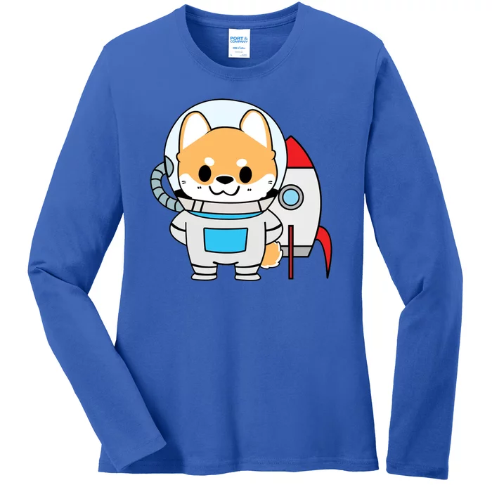 Shiba Cute Fox Rocket Ship Cartoon Ladies Long Sleeve Shirt