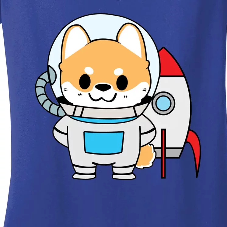 Shiba Cute Fox Rocket Ship Cartoon Women's V-Neck T-Shirt