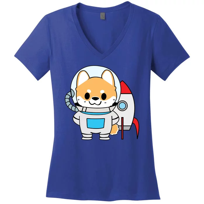 Shiba Cute Fox Rocket Ship Cartoon Women's V-Neck T-Shirt